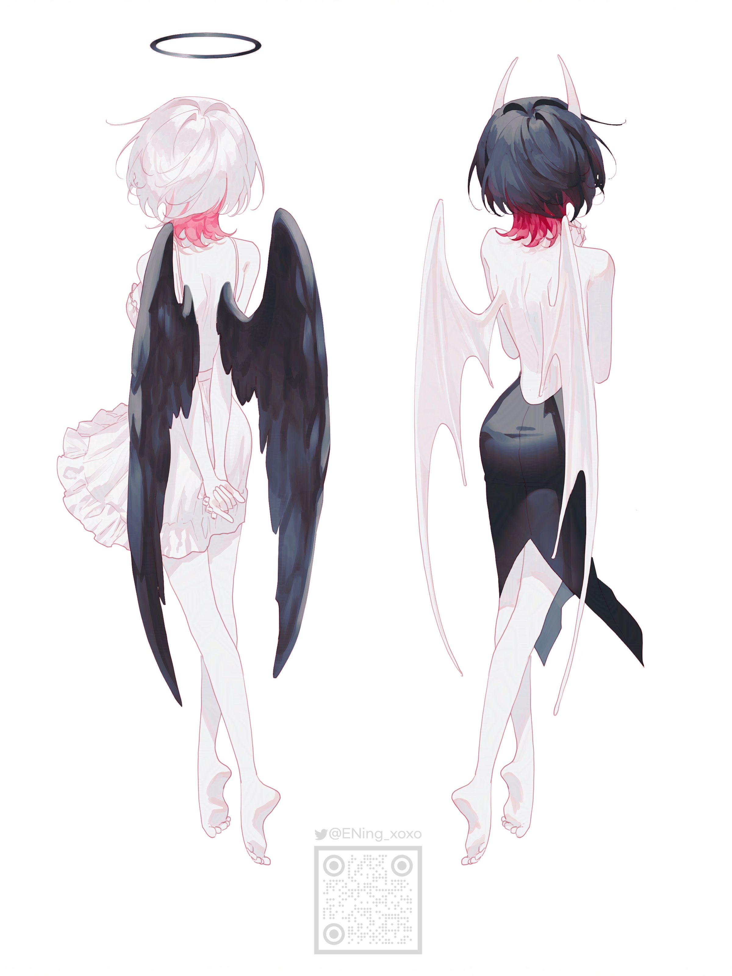 ening xoxo, indie utaite, absurdres, highres, 2girls, angel, angel and devil, angel wings, arms behind back, backless outfit, bare shoulders, barefoot, black dress, black hair, black wings, demon girl, demon horns, demon wings, dongdang, dress, facing away, feathered wings, from behind, full body, gradient hair, halo, horns, medium hair, multicolored hair, multiple girls, own hands together, pink hair, red hair, short hair, simple background, skirt, soles, watermark, white background, white dress, white hair, white horns, white wings, wings