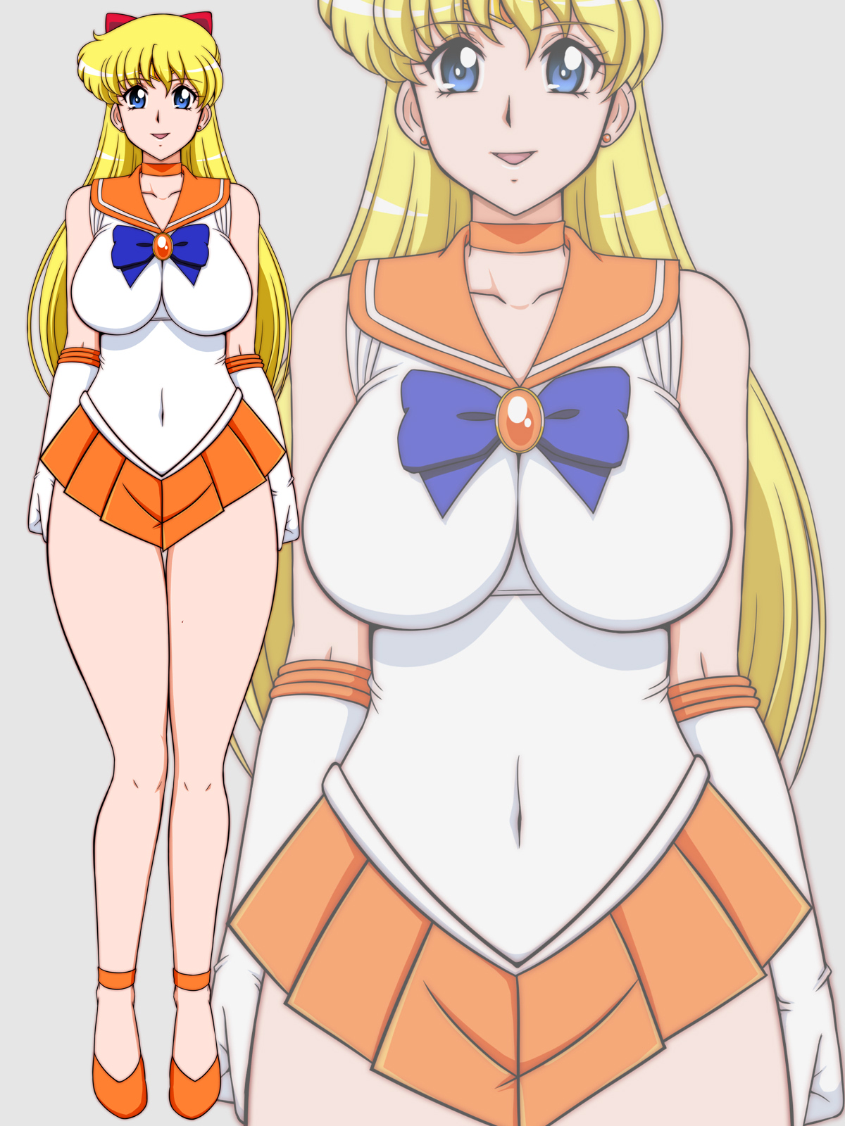 lento (glamour works), aino minako, sailor venus, bishoujo senshi sailor moon, highres, blonde hair, blue eyes, bow, breasts, choker, collarbone, earrings, elbow gloves, gloves, hair bow, high heels, jewelry, large breasts, long hair, miniskirt, multiple girls, orange choker, orange sailor collar, orange skirt, red bow, sailor collar, sailor senshi uniform, skirt, smile, thick thighs, thighs, white gloves