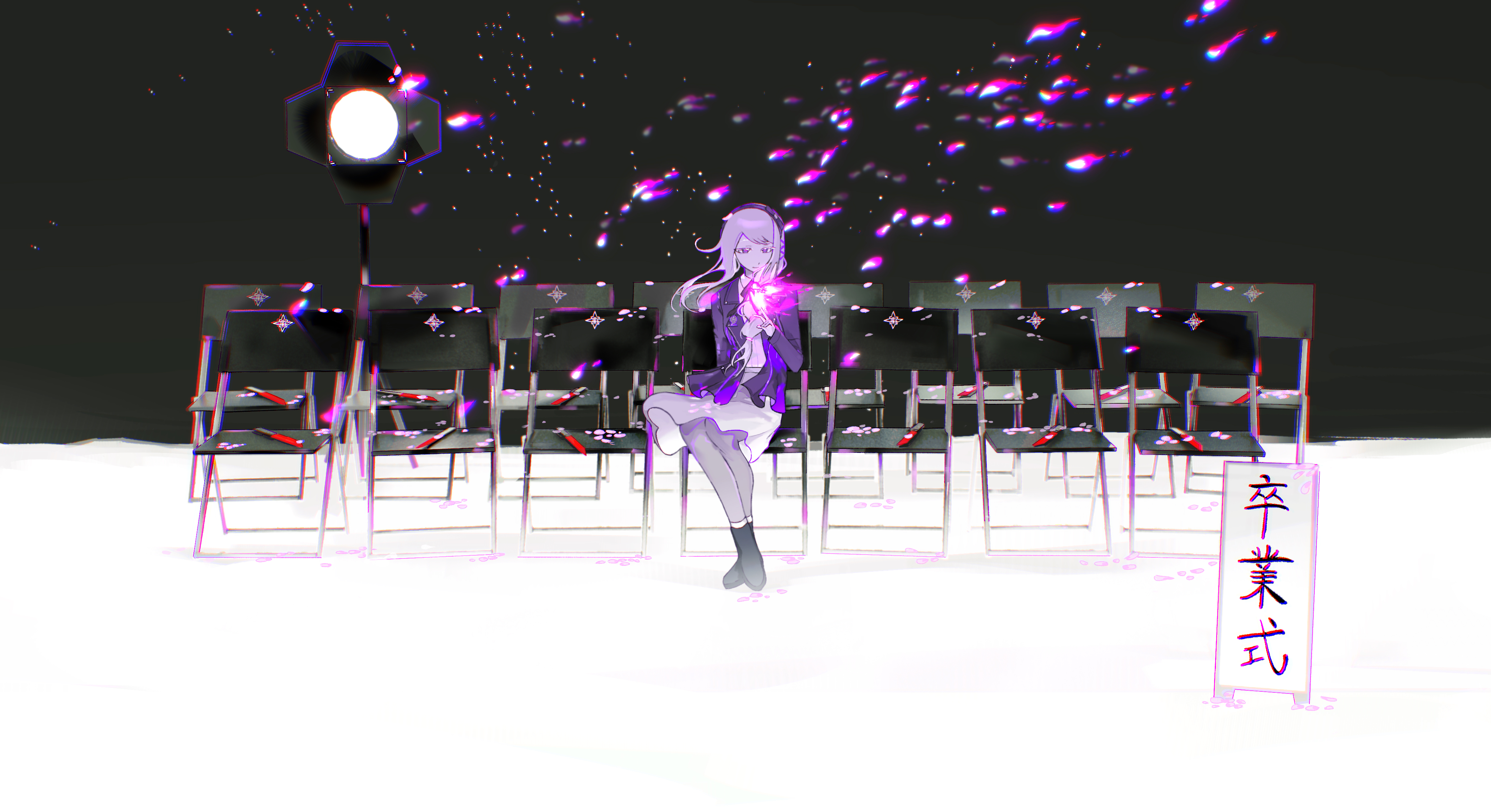 spirallllll, kirifuji nozomi, the hundred line -last defense academy-, absurdres, chinese commentary, commentary request, highres, translation request, 1girl, black bow, black hairband, black jacket, black ribbon, bow, bow hairband, braid, chair, collared shirt, fire, graduation, grey hair, grey leggings, hairband, jacket, knife, leggings, long hair, neck ribbon, on chair, petals, pink petals, purple eyes, purple fire, ribbon, shirt, sign, sitting, skirt, solo, stage lights, white shirt, white skirt, wind