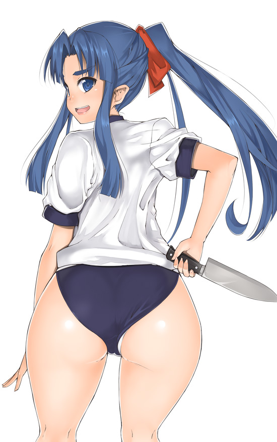 nagase haruhito, asakura ryoko, suzumiya haruhi no yuuutsu, eyebrows, 00s, 1girl, ass, blue eyes, blue hair, buruma, female focus, gym uniform, hip focus, knife, leaning forward, long hair, looking back, matching hair/eyes, open mouth, smirk, solo, thick thighs, thighs, weapon, wide hips