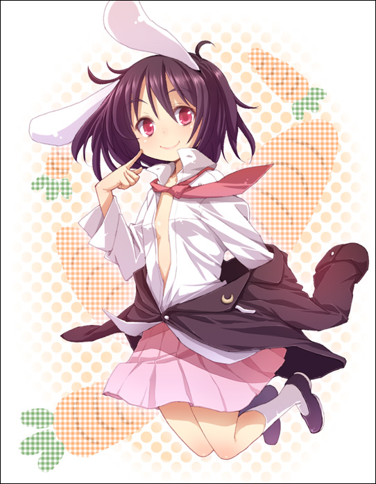 buriki, inaba tewi, reisen udongein inaba, touhou, 1girl, animal ears, black hair, cosplay, female focus, necktie, open clothes, open shirt, rabbit ears, red eyes, reisen udongein inaba (cosplay), shirt, short hair, skirt, solo
