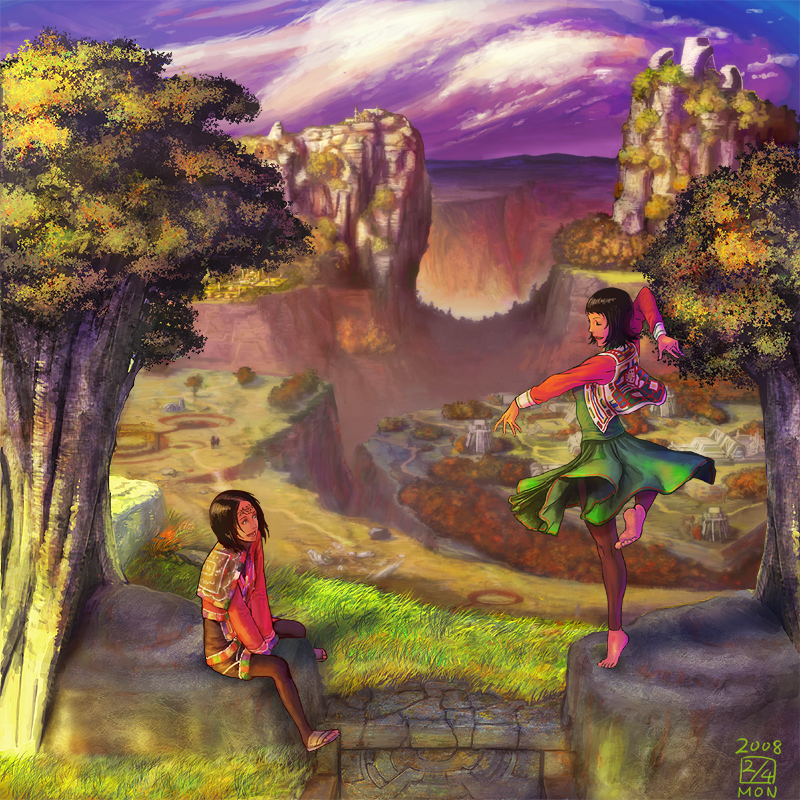 cpt, ikeda (cpt), 00s, 1boy, 1girl, 2008, balancing, barefoot, brown hair, cloud, dancing, dress, forest, grass, nature, open mouth, outdoors, sandals, scenery, sitting, sky, smile, spinning, tiptoes, tree