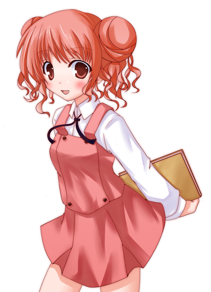 chu (chu inthis), hiro (hidamari sketch), hidamari sketch, 00s, 1girl, :d, blouse, blush, contrapposto, cowboy shot, double bun, dress, female focus, folder, hair bun, holding, long sleeves, looking at viewer, open mouth, red dress, school uniform, serafuku, shirt, smile, solo, standing, white shirt, yamabuki high school uniform