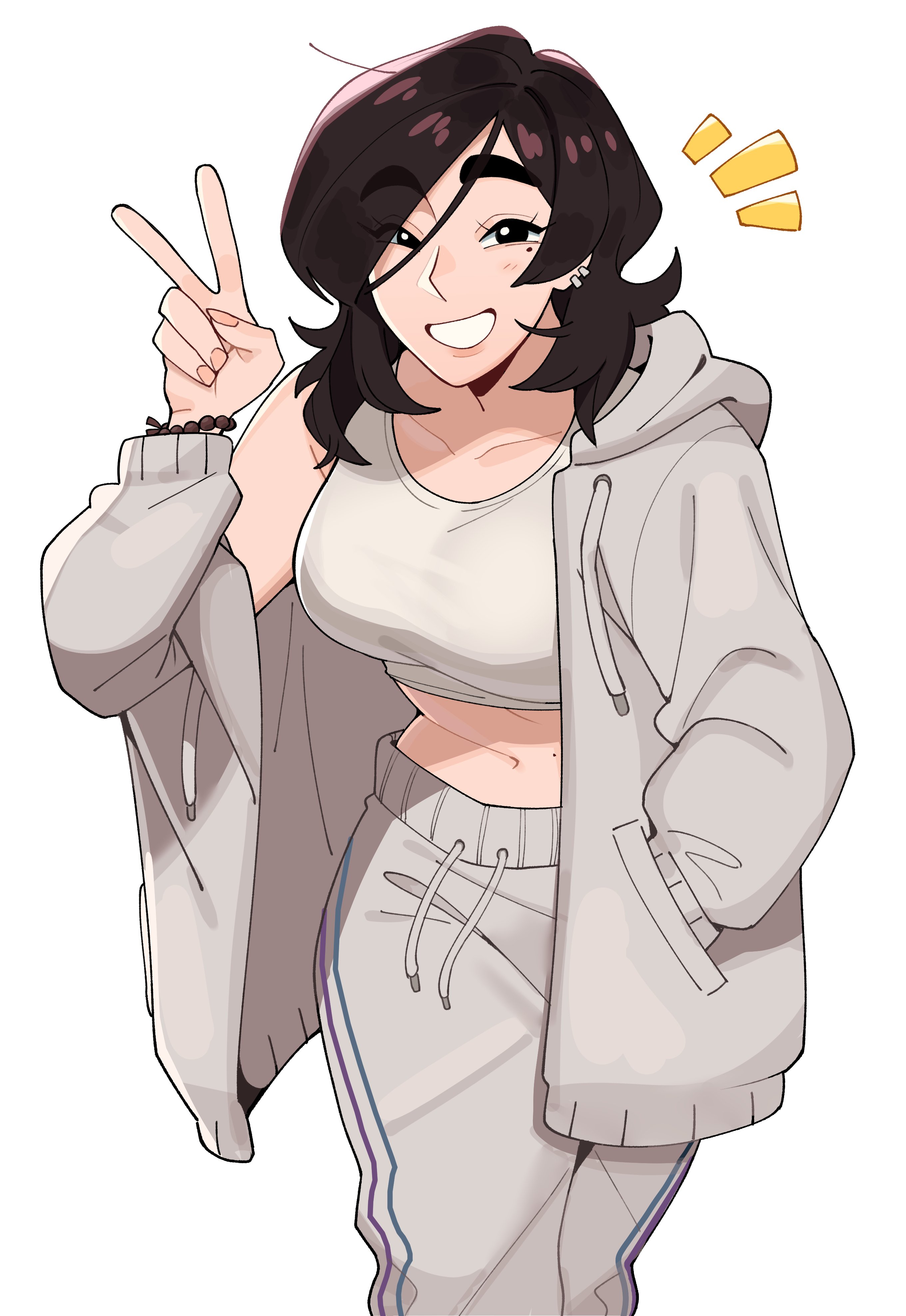 maejpg ., original, absurdres, highres, 1girl, aria (maejpg), black eyes, black hair, breasts, grin, hand in pocket, hood, hoodie, large breasts, looking at viewer, navel, pants, pink hoodie, simple background, smile, solo, sports bra, v, white background, white hoodie, white pants, white sports bra