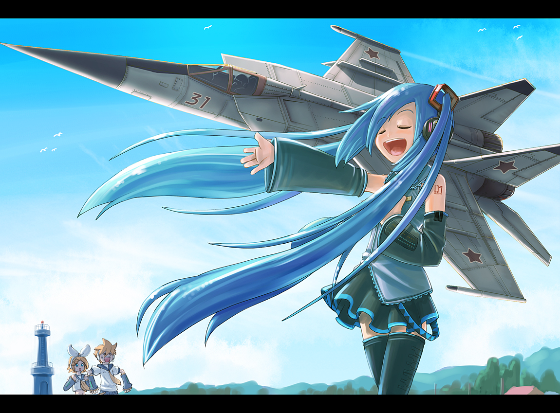 nakune, hatsune miku, kagamine len, kagamine rin, mig-25, vocaloid, 1boy, 2girls, aircraft, airplane, blue hair, brother and sister, closed eyes, fighter jet, military, military vehicle, multiple girls, russia, siblings, soviet, thighhighs, twins, twintails, vehicle focus