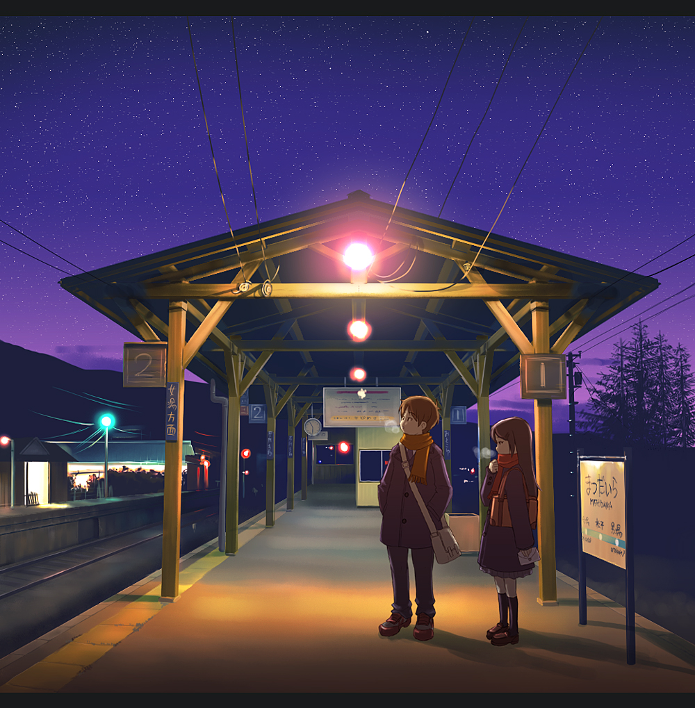 nakune, original, light, painttool sai (medium), 1boy, 1girl, bag, brown hair, dusk, letter, night, scarf, sign, sky, star (sky), star (symbol), starry sky, train station