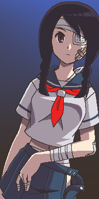 awa, kobushi abiru, sayonara zetsubou sensei, lowres, 00s, 1girl, bandage on finger, bandage over one eye, bandaged arm, bandaged chest, bandaged waist, bandages, bandaid, bandaid on arm, bandaid on face, black hair, blue background, blue skirt, breasts, female focus, gradient background, jaggy lines, midriff, navel, oekaki, school uniform, serafuku, skirt, solo, twintails, undone skirt