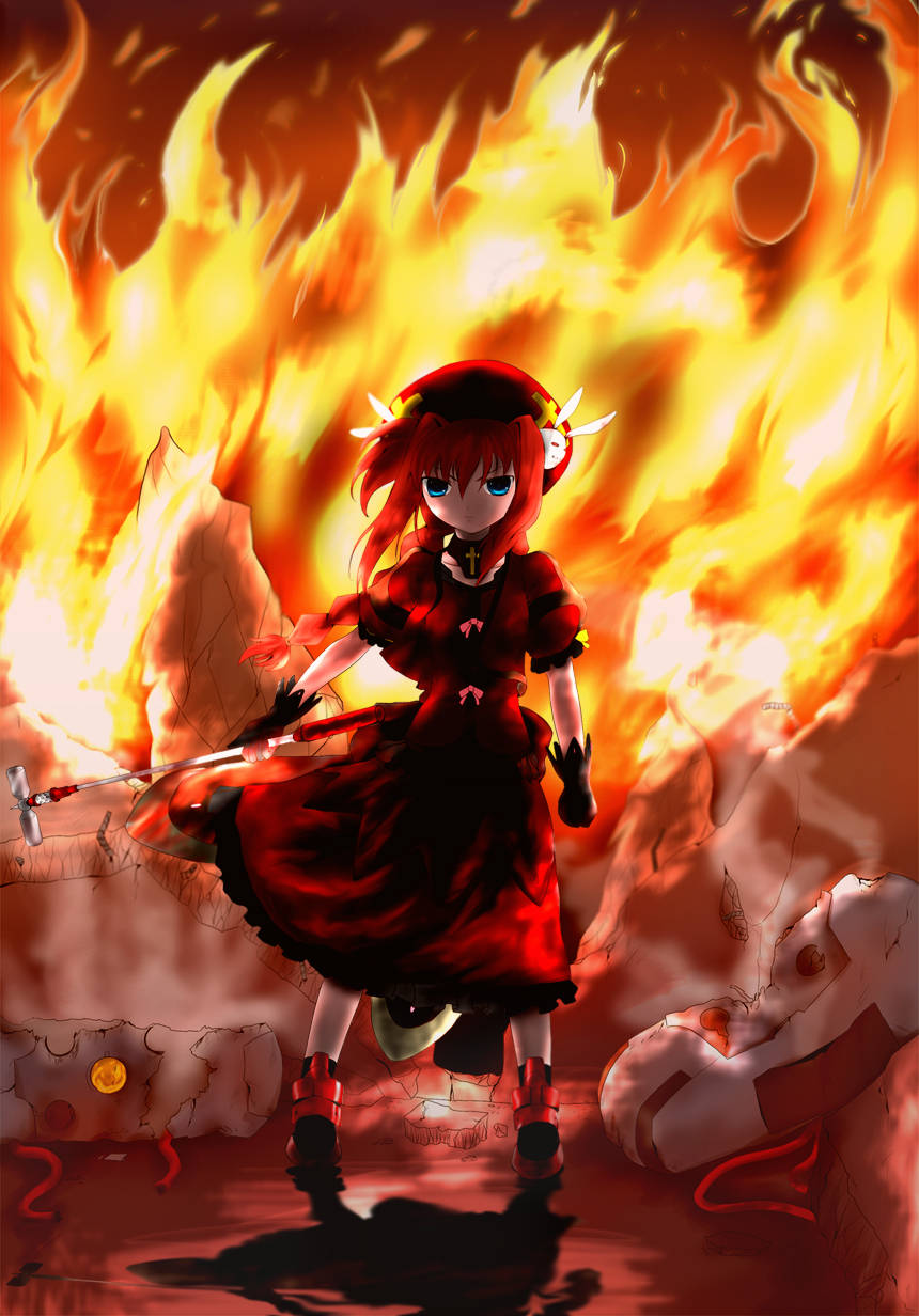 minatsuki randoseru, graf eisen, vita (nanoha), lyrical nanoha, mahou shoujo lyrical nanoha, mahou shoujo lyrical nanoha strikers, highres, 00s, 1girl, black gloves, black shoes, blue eyes, braid, cropped jacket, dress, female focus, fire, gloves, hair intakes, hair ornament, hammer, long hair, looking at viewer, orange hair, puffy short sleeves, puffy sleeves, rabbit hair ornament, red dress, robot, shoes, short sleeves, solo, twin braids
