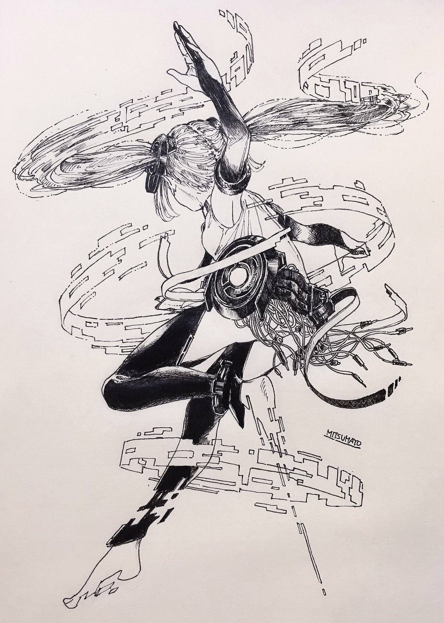 mitsumayo, hatsune miku, hatsune miku (append), vocaloid, vocaloid append, highres, traditional media, 1girl, barefoot, bridal gauntlets, cable, digital dissolve, glitch, greyscale, hip gear, monochrome, outstretched arms, panties, solo, spread arms, thighhighs, toeless legwear, twintails, underwear