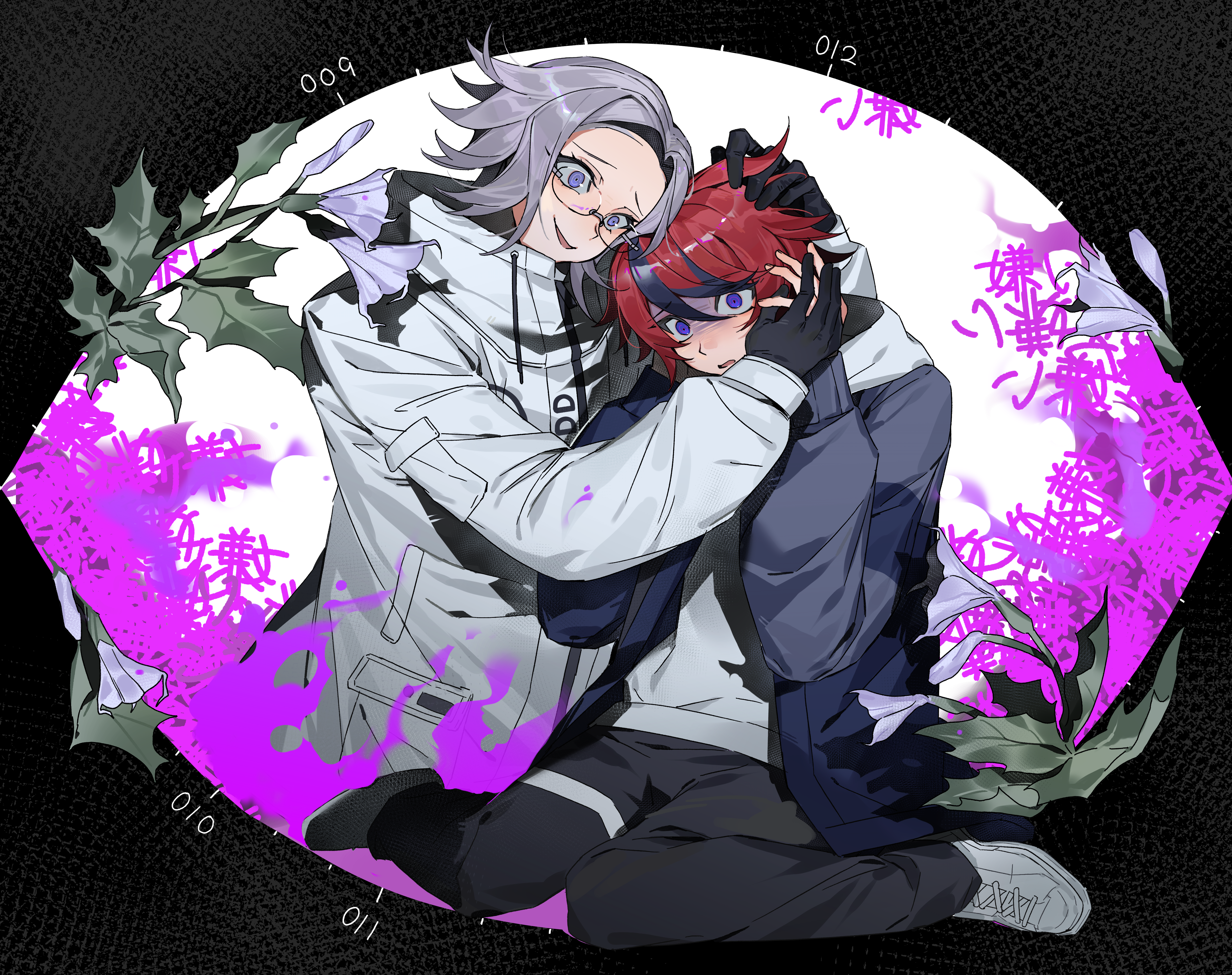 aotsuki eito, sumino takumi, the hundred line -last defense academy-, absurdres, chinese commentary, commentary request, flower request, highres, spoilers, 2boys, black background, black gloves, black pants, black streaks, blue eyes, blue jacket, evil smile, fire, glasses, gloves, grey hair, grey jacket, hands on own head, hands up, head hug, hood, hoodie, jacket, jacket over hoodie, knees together feet apart, male focus, multicolored hair, multicolored jacket, multiple boys, pants, pocket, purple eyes, purple fire, red hair, shaded face, shoes, short hair, sige559003, sitting, sleeve pouch, smile, streaked hair, two-tone jacket, white background, white hoodie, white jacket, white shoes, wide-eyed