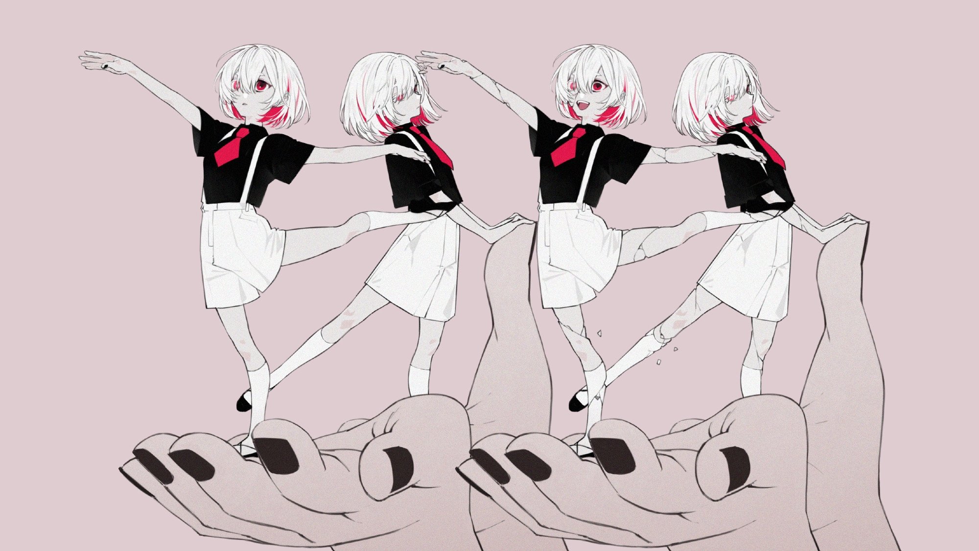 shin such, indie utaite, highres, 1girl, black shirt, collared shirt, colored inner hair, dancing, dongdang, hair between eyes, hana ni kaze (vocaloid), kneehighs, looking at viewer, multicolored hair, necktie, open mouth, out of frame, outstretched arms, pink background, pink hair, pov, pov hands, red eyes, red hair, red necktie, shirt, short hair, short sleeves, shorts, simple background, skirt, smile, socks, split, standing, standing on one leg, standing split, suspender shorts, suspender skirt, suspenders, white hair, white shorts