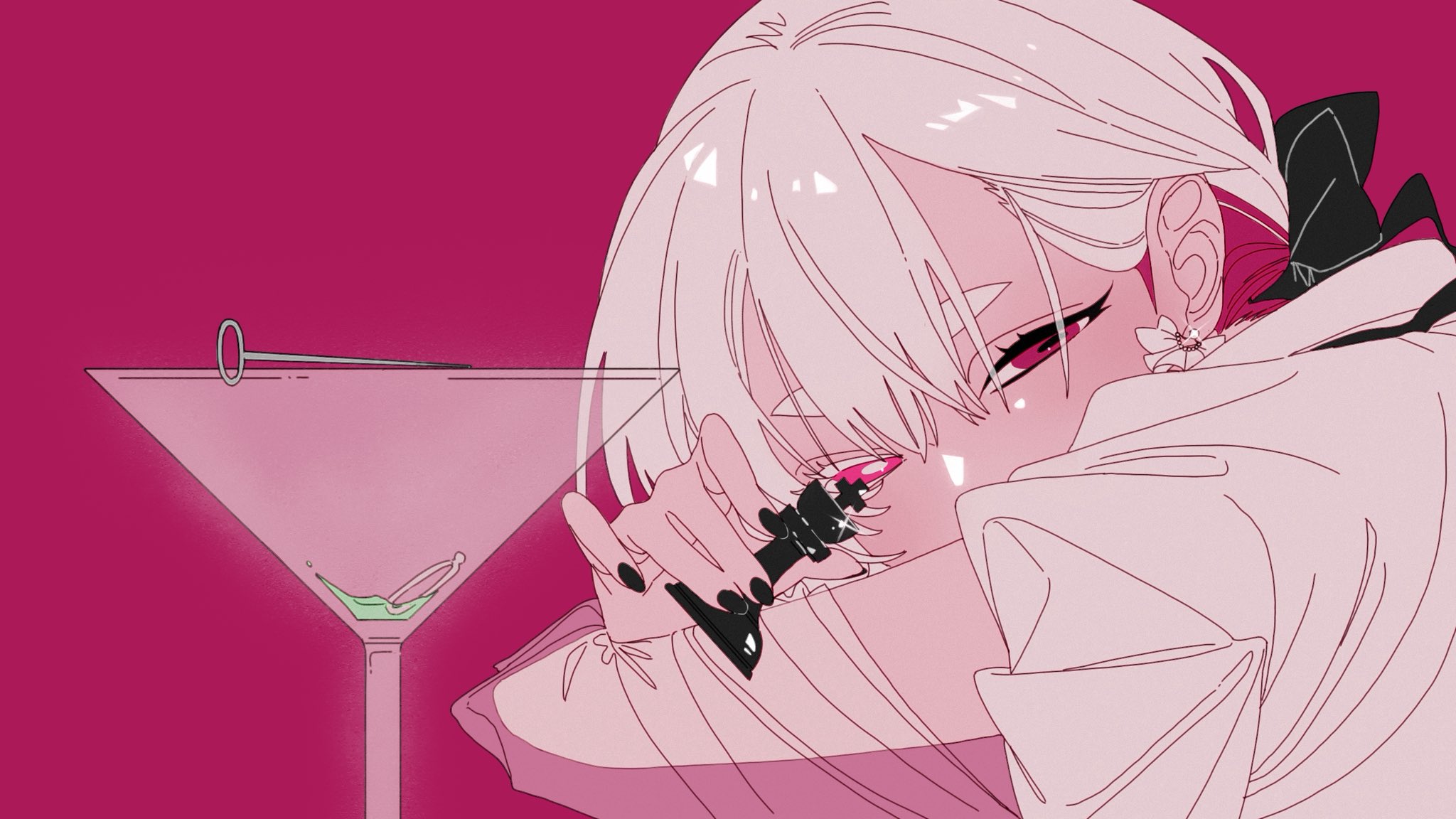 shin such, indie utaite, highres, 1girl, black bow, black nails, bow, cocktail glass, cup, dongdang, drinking glass, earrings, hair bow, jewelry, long sleeves, looking at viewer, nail polish, pink background, pink eyes, pink theme, shirt, simple background, solo, upper body, white hair, white shirt