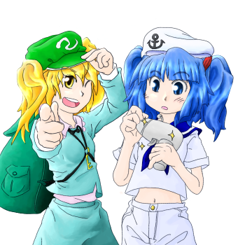 kawashiro nitori, kitashirakawa chiyuri, phantasmagoria of dim.dream, touhou, touhou (pc-98), lowres, 2girls, backpack, bag, blonde hair, blue eyes, blue hair, blue sailor collar, cosplay, costume switch, female focus, hair bobbles, hair ornament, hat, kawashiro nitori (cosplay), key, kitashirakawa chiyuri (cosplay), long sleeves, midriff, multiple girls, navel, one eye closed, sailor collar, short hair, short sleeves, shorts, skirt, two side up, yellow eyes