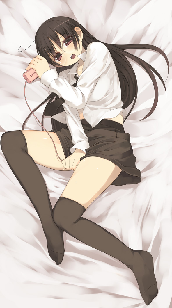 kashiwamochi yomogi, arima senne, original, 1girl, dakimakura (medium), female focus, female masturbation, full body, glasses, masturbation, sex toy, skirt, solo, thighhighs, vibrator