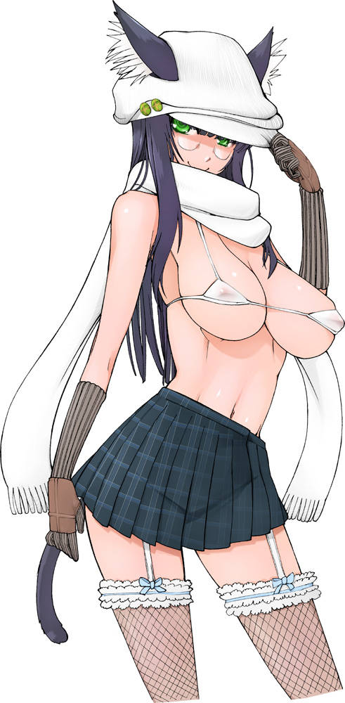 miito shido, original, animal ears, bikini, bikini top only, bra, cat ears, glasses, gloves, hat, lingerie, scarf, solo, swimsuit, thighhighs, underwear, white bikini, zettai ryouiki