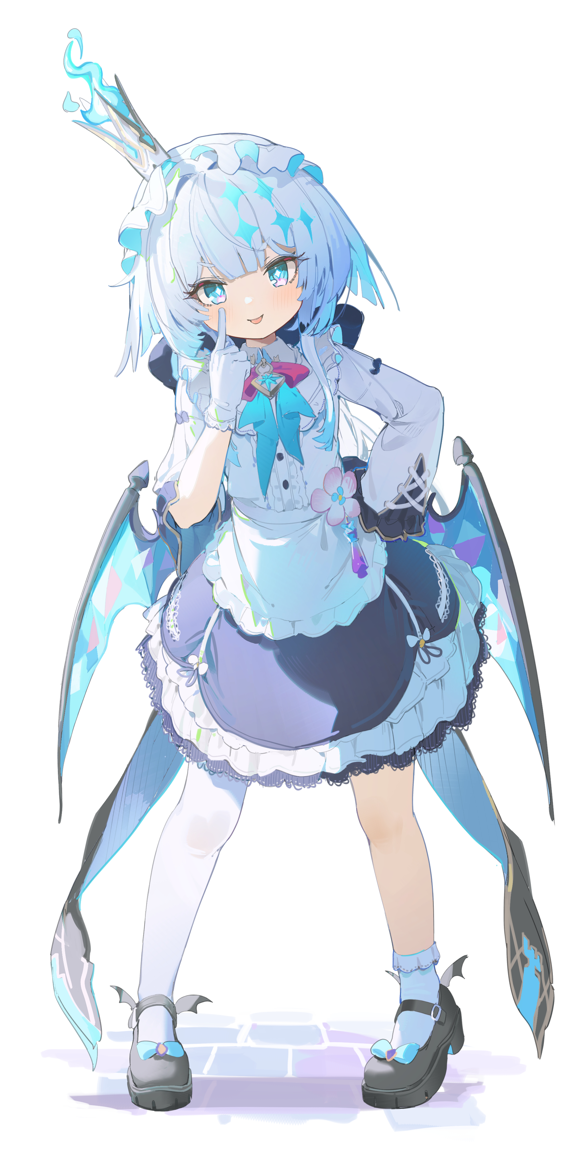 coria, cerydra (honkai: star rail), honkai: star rail, honkai (series), absurdres, highres, 1girl, aged down, alternate costume, apron, asymmetrical legwear, black shoes, black skirt, crown, frilled skirt, frills, full body, gloves, hand on own hip, hand up, looking at viewer, mismatched legwear, pantyhose, shirt, shoes, simple background, skirt, smile, solo, standing, tongue, tongue out, uneven legwear, white apron, white background, white gloves, white pantyhose, white shirt, wings