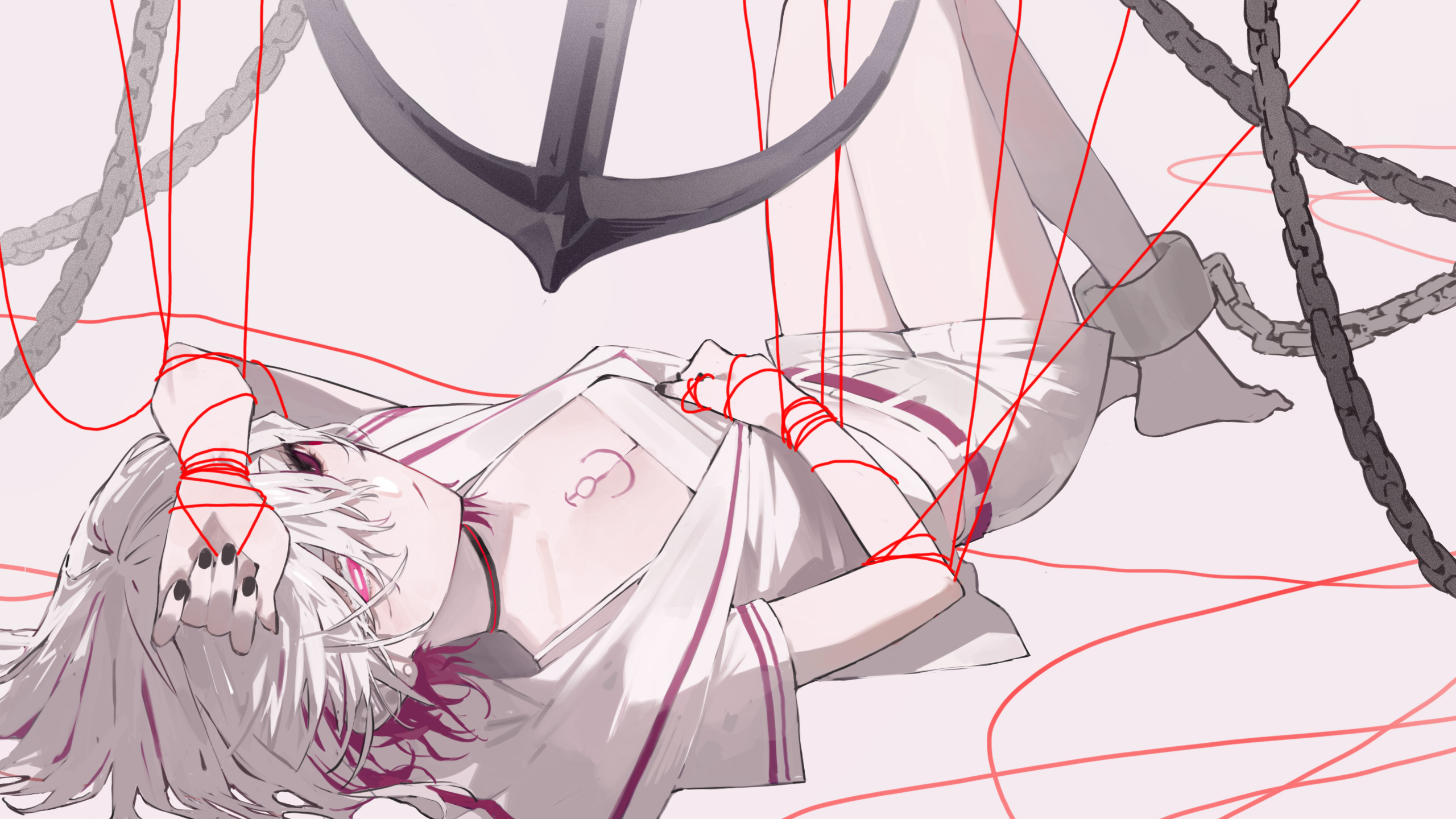 shin such, indie utaite, highres, 1girl, barefoot, black nails, chain, choker, cuffs, dongdang, knees up, looking at viewer, lying, multicolored hair, nail polish, on back, pink eyes, pink hair, sailor collar, shirt, short hair, shorts, simple background, solo, string, string of fate, tattoo, white hair, white shirt, white shorts