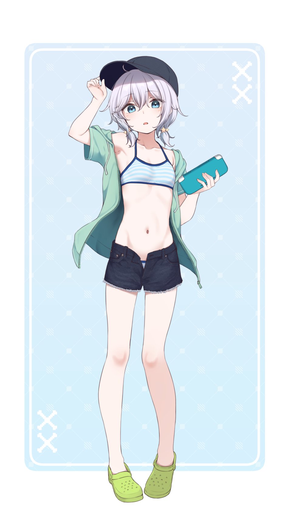 nagami yuu, original, commentary, highres, symbol-only commentary, 1girl, arm up, baseball cap, bikini, bikini under clothes, black hat, black shorts, blue background, blue eyes, blush, breasts, collarbone, crocs, drawstring, full body, green jacket, green shoes, grey hair, groin, hair between eyes, hair ornament, hand on headwear, hand up, hat, holding, hood, hood down, hooded jacket, jacket, looking at viewer, low twintails, navel, open clothes, open fly, open jacket, open shorts, parted lips, shoes, short shorts, short sleeves, short twintails, shorts, small breasts, solo, standing, star (symbol), star hair ornament, striped bikini, striped clothes, swimsuit, twintails