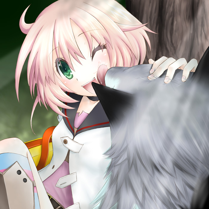 minyo, medic (sekaiju), medic 2 (sekaiju), pet (sekaiju), pet 3 (sekaiju), atlus, etrian odyssey, black neckwear, 1girl, ;d, ahoge, animal, armor, bag, belt, blurry, blurry background, buttons, choker, coat, collarbone, dog, female focus, fingernails, green eyes, head tilt, headpat, kneehighs, knees up, licking, licking another's face, looking at viewer, nail polish, one eye closed, open mouth, outdoors, partially unbuttoned, pink nails, plant, shin guards, short hair, sitting, smile, socks, solo, striped clothes, striped socks, tongue, tongue out, tree, under tree, white coat