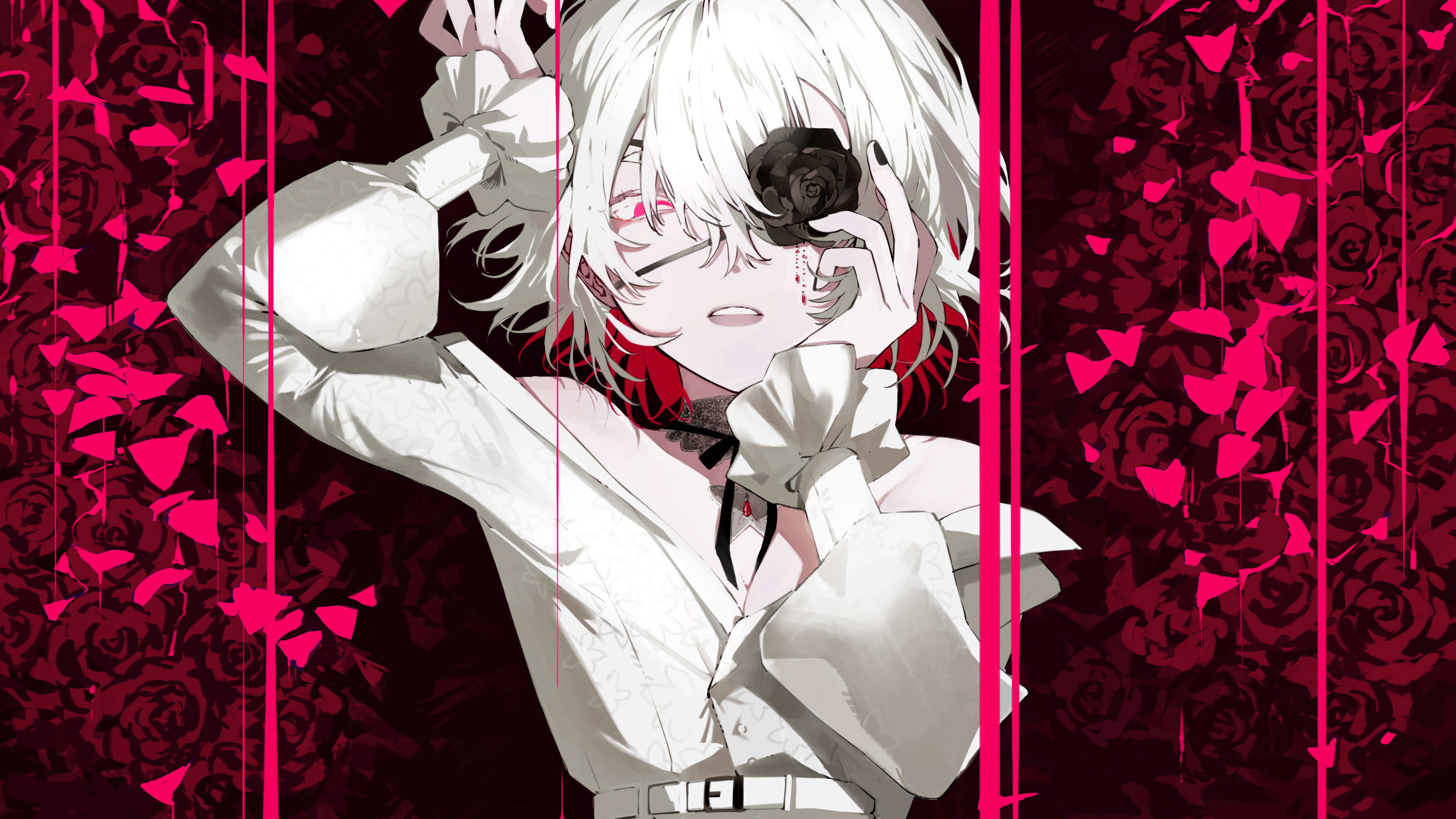 shin such, indie utaite, migikata no chou (vocaloid), absurdres, highres, 1girl, belt, black flower, black nails, black rose, covering one eye, dongdang, eyepatch, flower, flower over eye, frills, hand over eye, long sleeves, looking at viewer, multicolored hair, off shoulder, one eye covered, open mouth, pink eyes, puffy long sleeves, puffy sleeves, red flower, red rose, rose, shirt, short hair, solo, teeth, upper body, utaite, white hair, white shirt