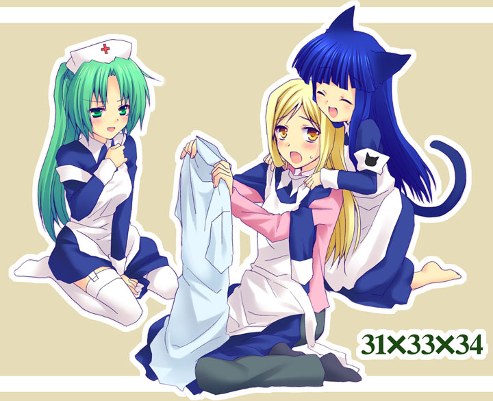 fuyuichi, furude rika, sonozaki mion, takano miyo, higurashi no naku koro ni, animal ears, barefoot, cat ears, cosplay, garter belt, kneeling, maid, nurse, thighhighs
