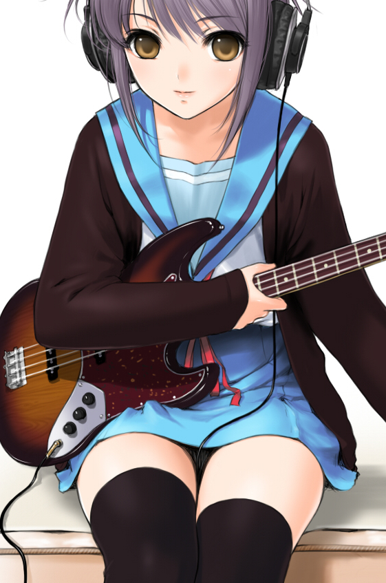 sano toshihide, nagato yuki, tissue princess, suzumiya haruhi no yuuutsu, silver hair, 00s, bass guitar, cardigan, guitar, headphones, instrument, panties, pantyshot, school uniform, serafuku, short hair, solo, thighhighs, underwear, yellow eyes, zettai ryouiki