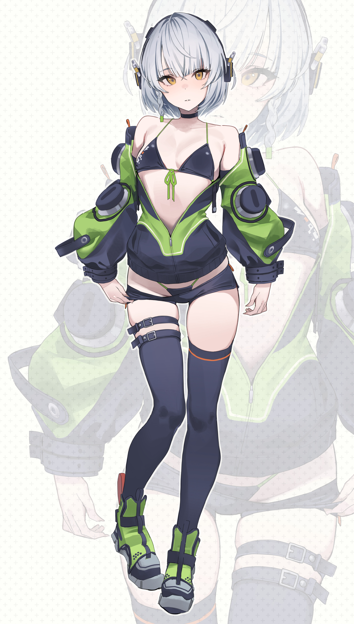 tooyon, anby demara, zenless zone zero, absurdres, commentary request, highres, 1girl, bare shoulders, bikini, bikini under clothes, bikini under shorts, black bikini, black jacket, black shorts, black thighhighs, breasts, clothes pull, front-tie bikini top, front-tie top, full body, green eyes, green jacket, grey hair, headphones, jacket, long sleeves, looking at viewer, off shoulder, partially unzipped, puffy long sleeves, puffy sleeves, short hair, shorts, shorts pull, small breasts, standing, swimsuit, thigh strap, thighhighs, thighs
