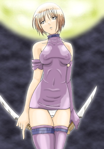 clare (claymore), claymore (series), 00s, 1girl, bare shoulders, blonde hair, claymore (sword), female focus, grey eyes, panties, pantyshot, short hair, sleeveless, sleeveless turtleneck, solo, sword, thighhighs, turtleneck, underwear, weapon, zettai ryouiki