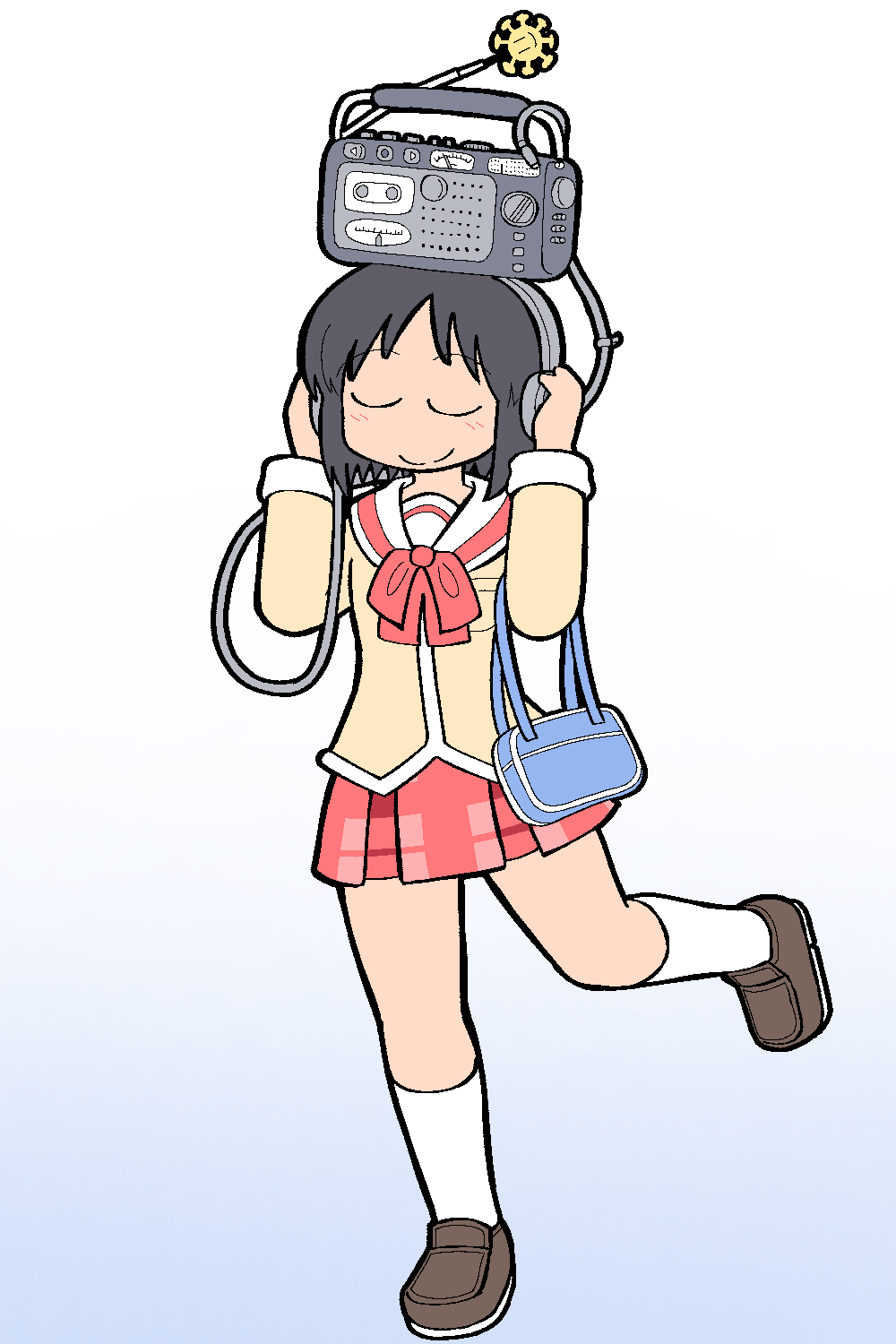 shinonome nano, nichijou, highres, 1girl, bag, black hair, blue bag, bow, bowtie, brown shoes, closed eyes, closed mouth, emajelly, headphones, jacket, object on head, pleated skirt, radio, red bow, red bowtie, red skirt, sailor collar, school uniform, shoes, short hair, simple background, skirt, smile, socks, solo, tokisadame school uniform, white background, white sailor collar, white socks, winding key, yellow jacket