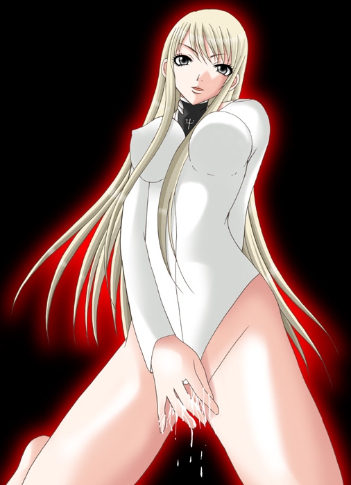 galatea, claymore (series), 00s, 1girl, black background, blonde hair, bottomless, breasts, covered erect nipples, female focus, female masturbation, grey eyes, kneeling, long hair, masturbation, pussy juice, solo