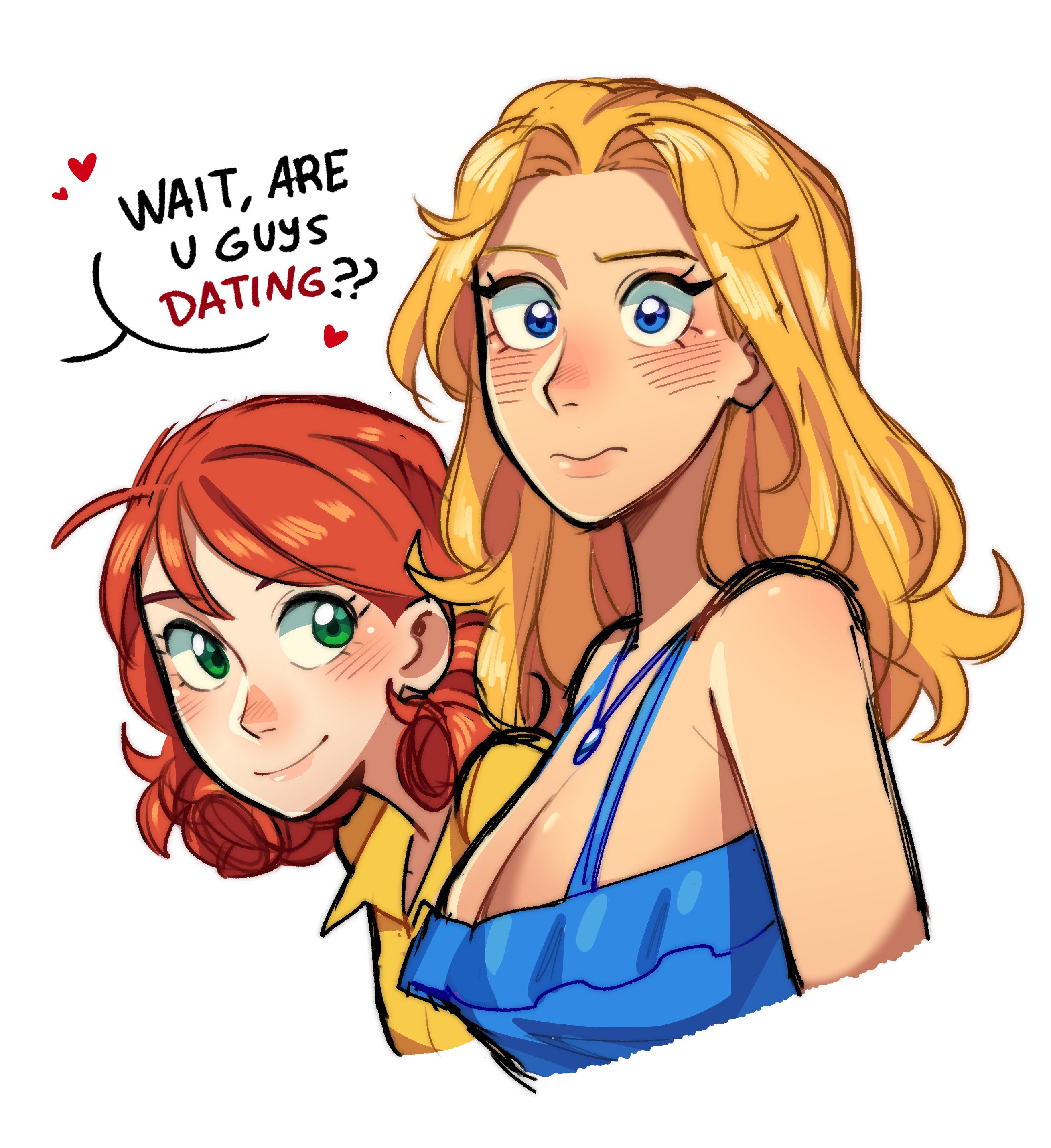 maejpg ., haley (stardew valley), penny (stardew valley), stardew valley, absurdres, highres, 2girls, blonde hair, blue dress, blue eyes, blush, breasts, cleavage, dress, english text, green eyes, heart, jewelry, long hair, looking at viewer, multiple girls, necklace, orange hair, shirt, simple background, sleeveless, sleeveless dress, small breasts, upper body, white background, yellow shirt