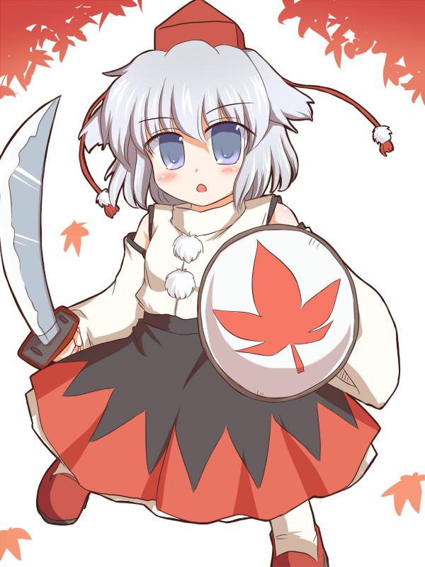 ry (yagoyago), inubashiri momiji, touhou, silver hair, 1girl, blue eyes, blush, female focus, hat, leaf, long skirt, pom pom (clothes), shield, skirt, solo, sword, tokin hat, weapon