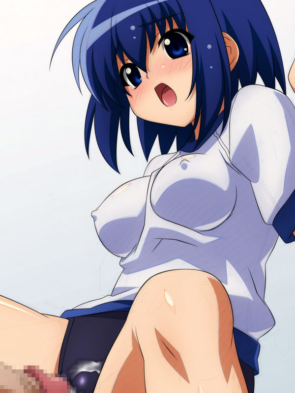 sugimura tomokazu, original, 1girl, breasts, buruma, censored, covered erect nipples, cum, gym uniform, large breasts, penis, solo