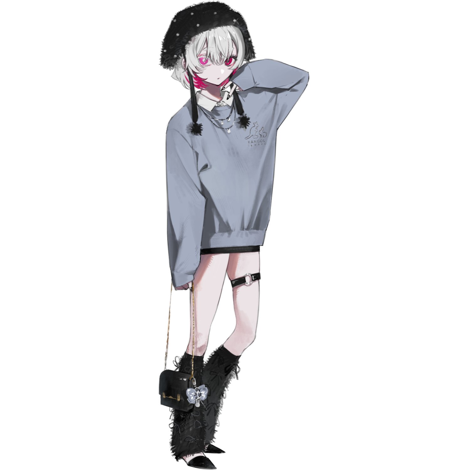 shin such, indie utaite, highres, 1girl, arm up, bag, black nails, boots, bow, bright pupils, chain, chain necklace, closed mouth, collared shirt, dongdang, earrings, full body, grey hair, grey sweater, hair between eyes, hand up, handbag, hat, heterochromia, holding, holding bag, jewelry, long sleeves, looking at viewer, multicolored hair, nail polish, necklace, o-ring, pink eyes, pink hair, shirt, short hair, simple background, sleeves past wrists, socks, solo, standing, sweater, thigh strap, two-tone hair, white background, white hair