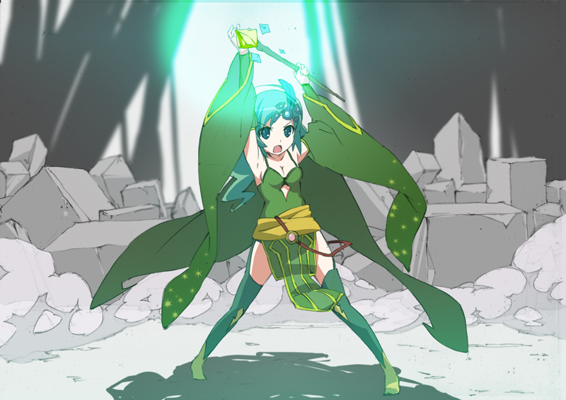 yomi (indigoriver), rydia (adult) (ff4), rydia (ff4), final fantasy, final fantasy iv, 1990s (style), 1girl, armpits, arms up, boots, breasts, cape, cleavage, detached sleeves, female focus, green boots, green eyes, green hair, hair ornament, long hair, matching hair/eyes, medium breasts, open mouth, retro artstyle, solo, thighhighs