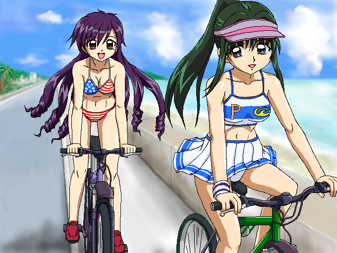 ankoku tiger, caren (mermaid melody pichi pichi pitch), touin rina, dead or alive, mermaid melody pichi pichi pitch, tecmo, non-web source, 2girls, american flag, american flag bikini, american flag print, bicycle, bikini, cosplay, day, drill hair, flag print, flag print bikini, hat, midriff, multiple girls, oekaki, official style, panties, pantyshot, print bikini, skirt, swimsuit, underwear, united states