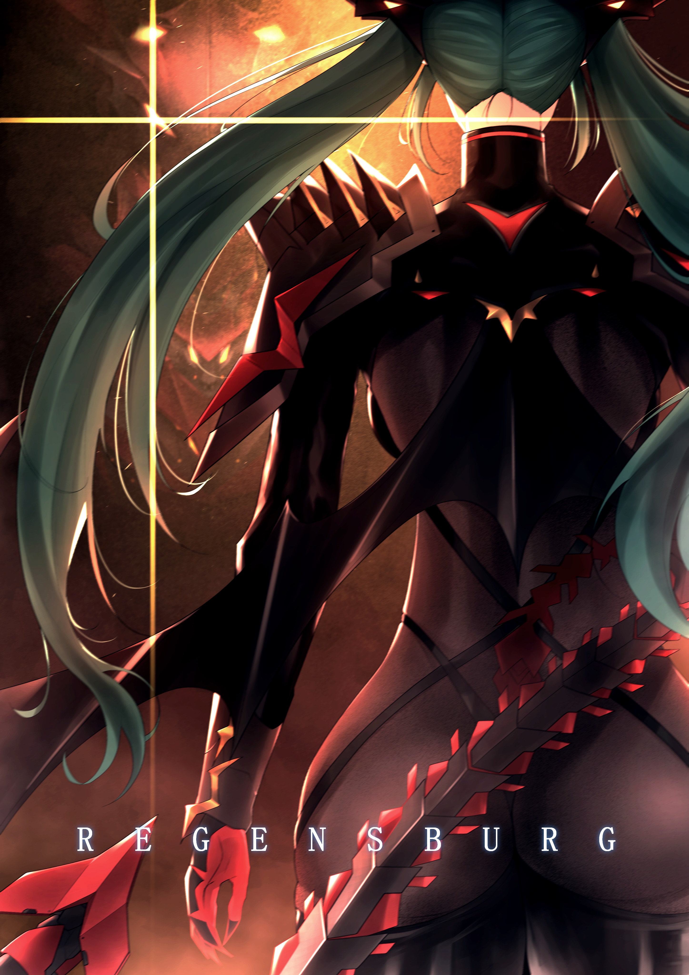 junedxu, regensburg (azur lane), azur lane, absurdres, commentary, english commentary, highres, 1girl, armor, ass, black bodysuit, black wings, bodysuit, cowboy shot, from behind, green hair, long hair, mechanical tail, non-humanoid robot, robot, robot dragon, shoulder armor, skin tight, solo, spiked pauldrons, tail, twintails, wings
