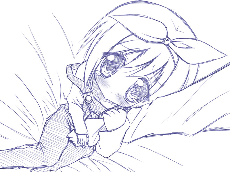 hiiragi tsukasa, lucky star, 00s, 1girl, blue theme, blush, female focus, monochrome, overalls, sketch, solo