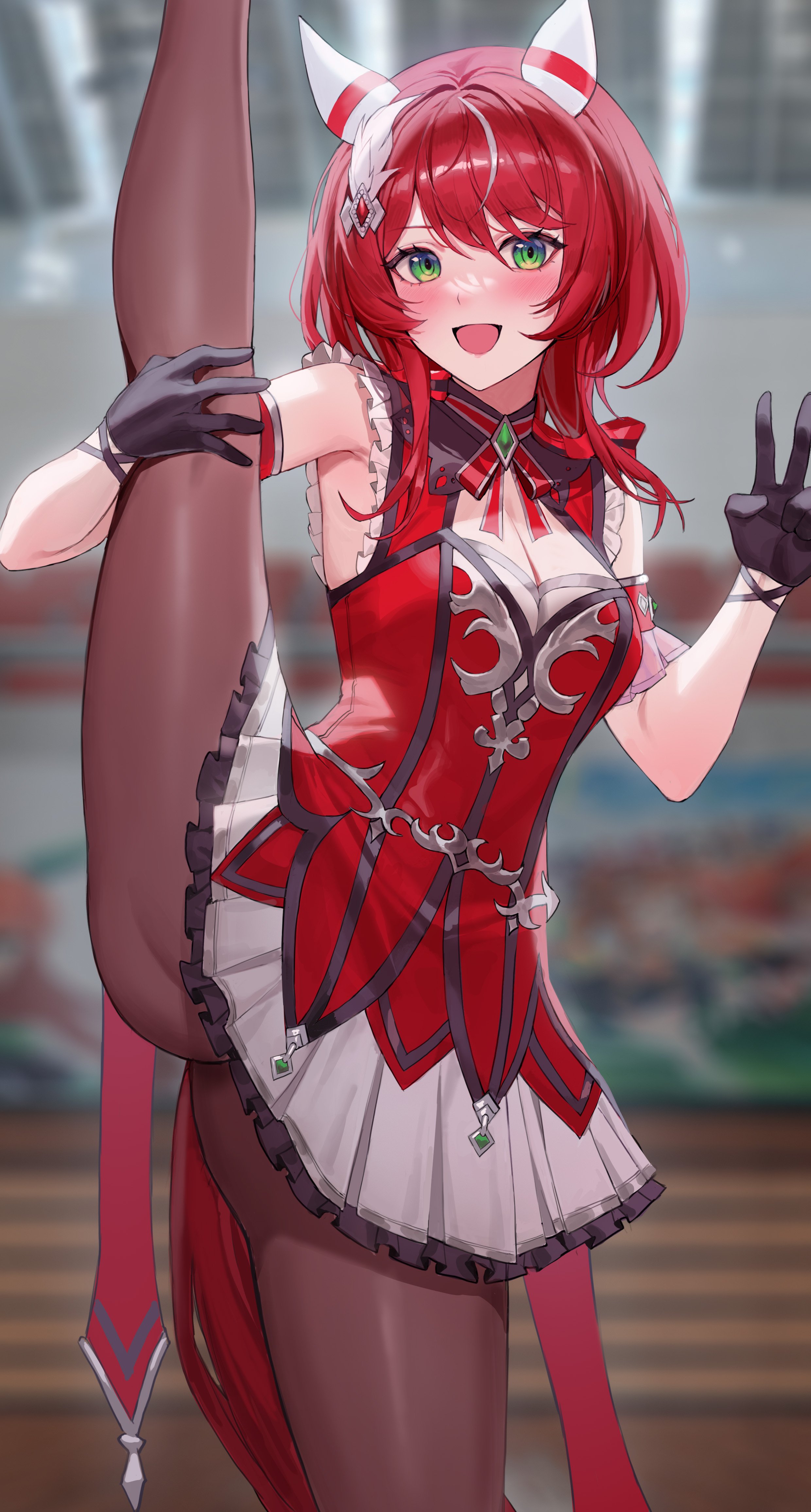 molyb, win variation (umamusume), umamusume, absurdres, commentary, commission, highres, pixiv commission, 1girl, animal ears, bare shoulders, black gloves, black pantyhose, blurry, blurry background, blush, breasts, cleavage, ear covers, gloves, green eyes, horse ears, horse girl, horse tail, looking at viewer, medium breasts, medium hair, open mouth, pantyhose, red hair, red shirt, shirt, skirt, smile, solo, split, standing, standing on one leg, standing split, tail, v, white skirt