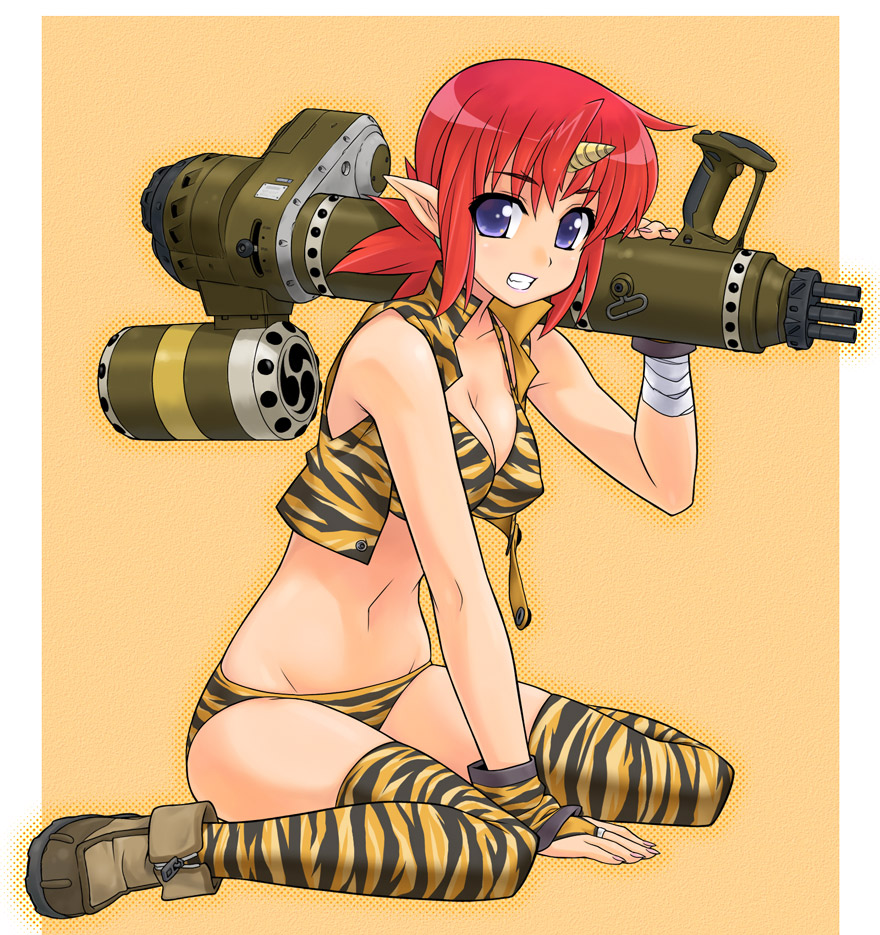 itoji, original, 1girl, animal print, bikini, blue eyes, boots, breasts, cleavage, female focus, grin, gun, horns, medium breasts, pointy ears, red hair, short hair, single horn, sitting, smile, solo, swimsuit, thighhighs, tiger print, vest, weapon