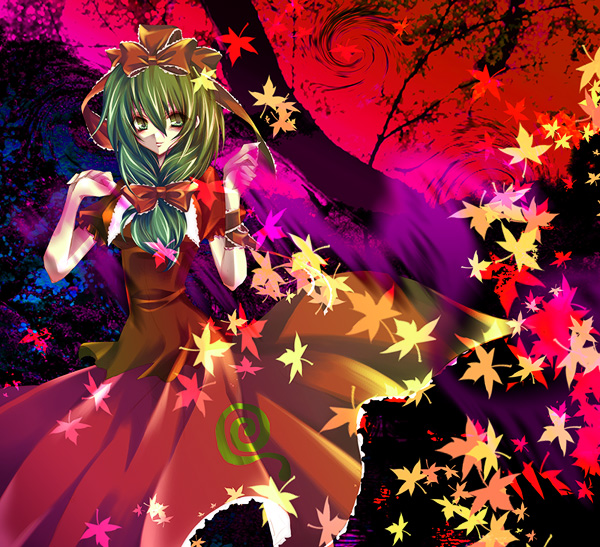 kyan (glira), kyan (pixiv), kagiyama hina, touhou, bad id, bad pixiv id, 1girl, female focus, front ponytail, green hair, leaf, ribbon, solo, standing