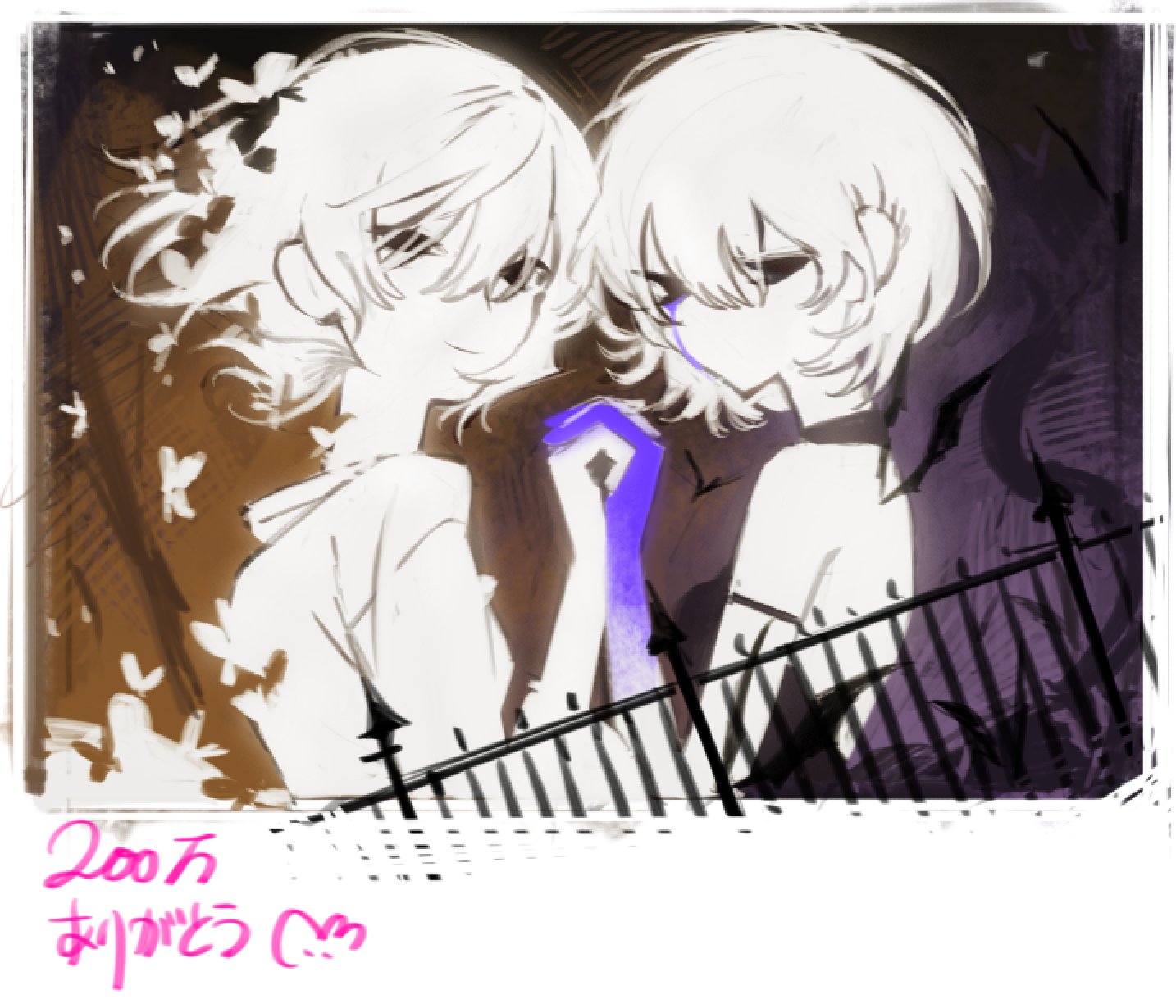 shin such, indie utaite, highres, 2girls, black choker, black eyes, bug, butterfly, choker, closed mouth, dongdang, dual persona, fence, holding hands, insect, interlocked fingers, looking at viewer, multiple girls, multiple others, shirt, short hair, smile, upper body
