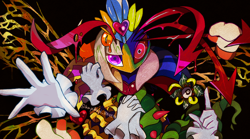 old friend (kirby), queen sectonia, kirby: triple deluxe, kirby (series), nintendo, 1girl, antennae, black background, broken heart, disfigured, heart, looking at viewer, mismatched sclera, plant, purple eyes, rayman limbs, reaching, reaching towards viewer, solo, tangmogan (ffme8438), vines, white hair
