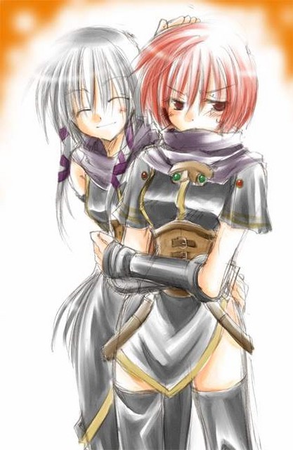 clair lasbard, nel zelpher, square enix, star ocean, star ocean: till the end of time, 2girls, ^ ^, armor, blush, breastplate, closed eyes, closed mouth, cowboy shot, crossed arms, gauntlets, loincloth, long sleeves, multiple girls, red eyes, red hair, short hair, shoulder pads, simple background, standing, thighhighs, white background