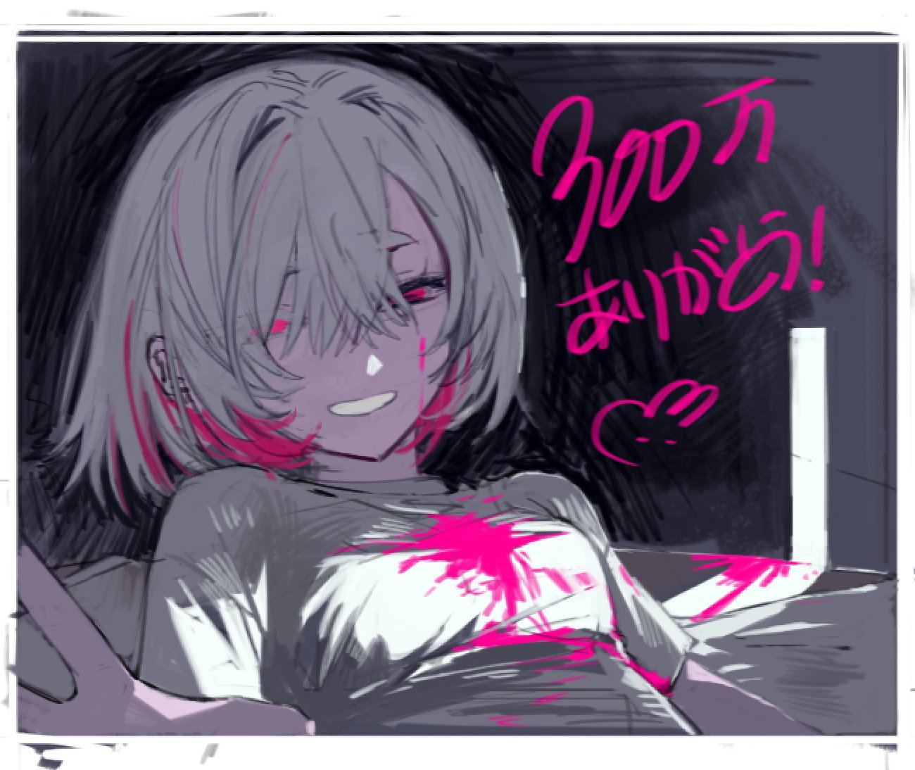 shin such, indie utaite, 1girl, blood, blood on clothes, blood on face, breasts, colored inner hair, dongdang, grey hair, grin, hair over one eye, looking at viewer, lying, multicolored hair, on back, pink blood, pink eyes, pink hair, shirt, short hair, short sleeves, smile, solo, upper body, white hair, white shirt
