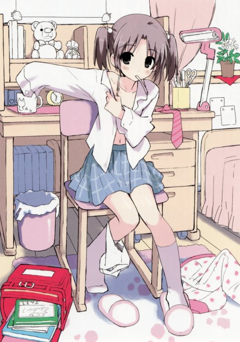 hiide, original, 1girl, backpack, bag, bra, dressing, female focus, panties, panties around leg, panty pull, randoseru, school uniform, serafuku, slippers, socks, solo, underwear, white panties