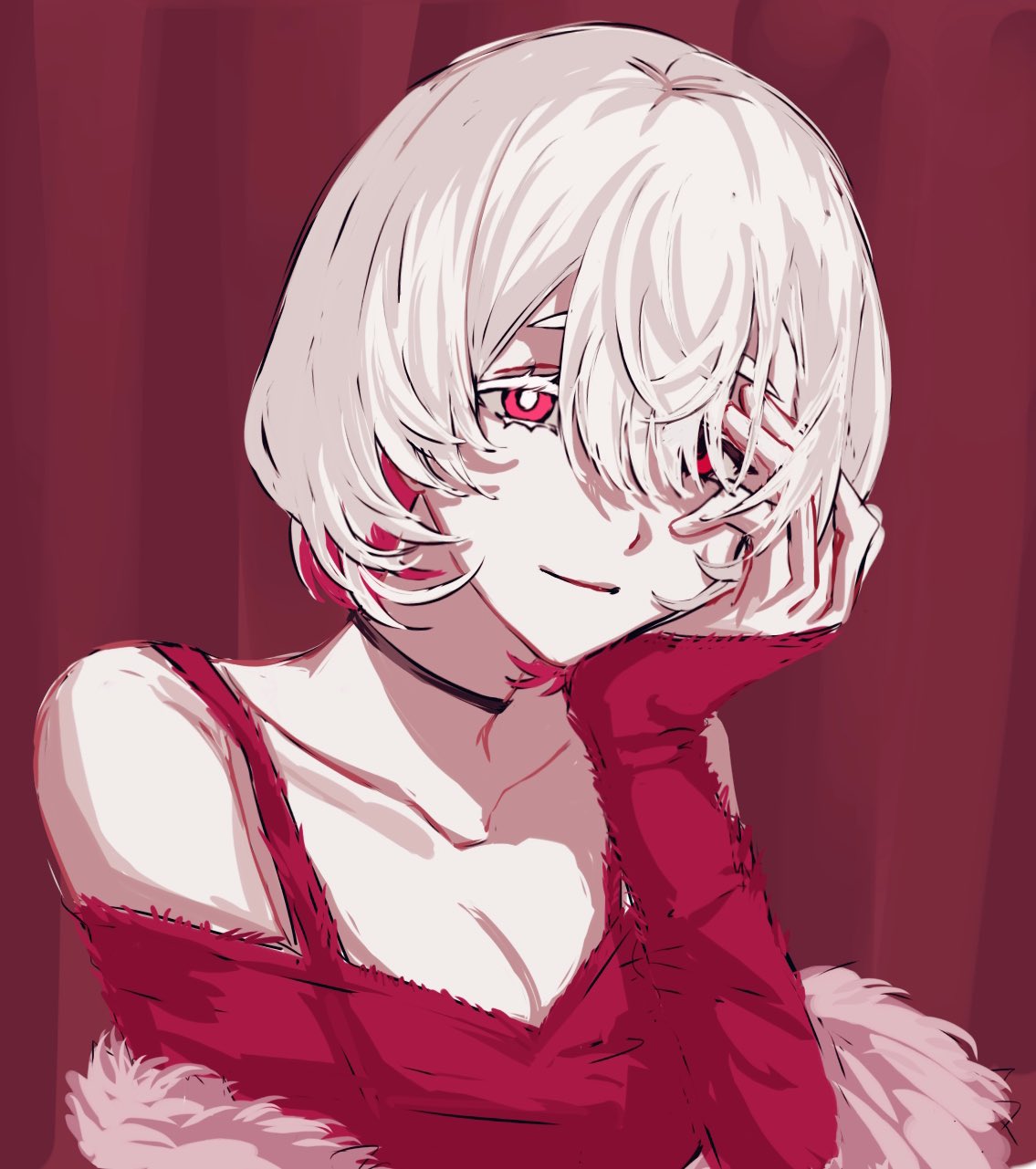 indie utaite, highres, 1girl, bare shoulders, black choker, breasts, bright pupils, choker, cleavage, closed mouth, collarbone, dongdang, dress, eqal36855, hair over one eye, hand on own face, head rest, long sleeves, looking at viewer, multicolored hair, off shoulder, pink eyes, red background, red eyes, red hair, shirt, short hair, smile, solo, two-tone hair, upper body, white hair, white pupils