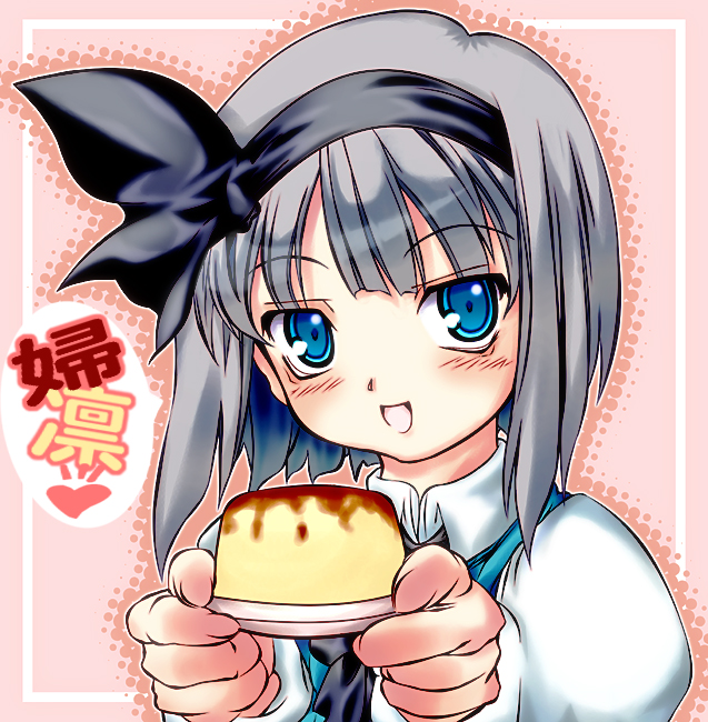 hase nanase, konpaku youmu, touhou, 1girl, blue eyes, female focus, food, grey hair, hairband, pudding, short hair, solo