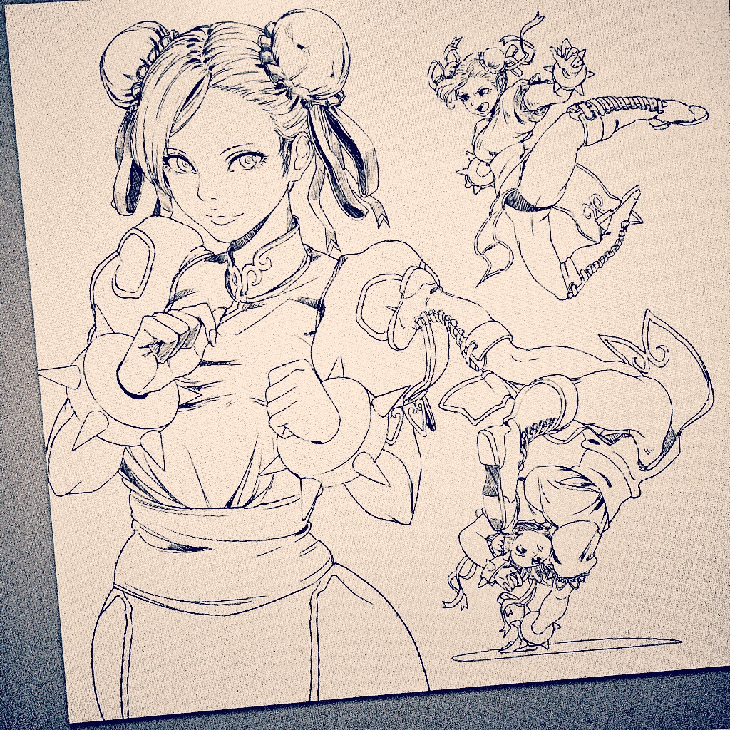 mitsumayo, chun-li, capcom, street fighter, 1girl, boots, bracelet, bun cover, china dress, chinese clothes, closed mouth, double bun, dress, eyelashes, greyscale, hair bun, handstand, jewelry, leotard, leotard under clothes, lineart, monochrome, multiple views, puffy short sleeves, puffy sleeves, short hair, short sleeves, spiked bracelet, spikes, thick thighs, thighs
