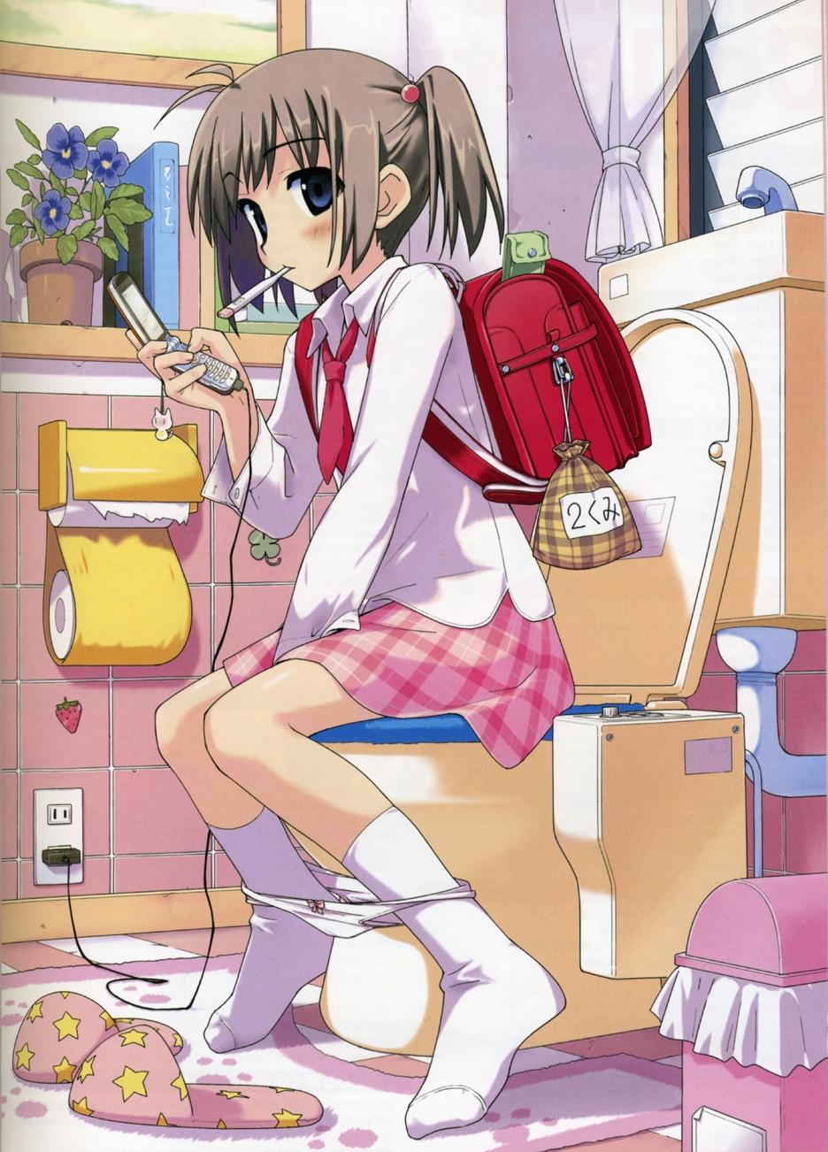 hiide, original, highres, 1girl, antenna hair, backpack, bag, between legs, bidet, blue eyes, brown hair, cellphone, cellphone charm, charm (object), digital thermometer, electric plug, electrical outlet, faucet, female focus, flip phone, flower, hand between legs, holding, holding phone, knees together feet apart, looking at viewer, mouth hold, multitasking, panties, panty pull, phone, plant, potted plant, randoseru, school uniform, serafuku, short hair, sink, slippers, socks, solo, thermometer, toilet, toilet paper, toilet use, trash can, twintails, underwear, unworn slippers